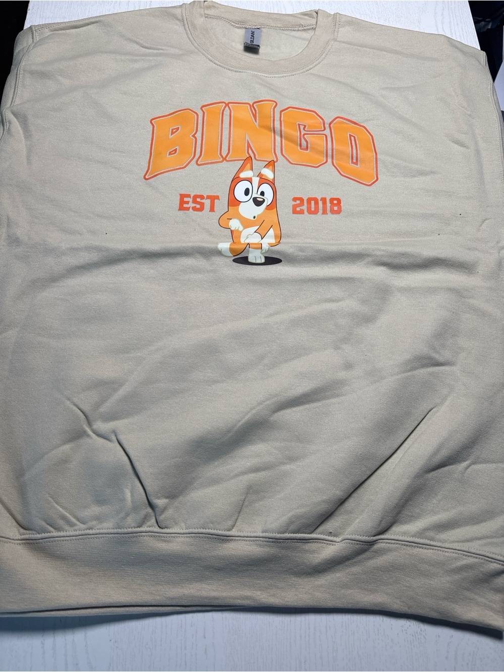 Gildan Cream Sweatshirt with Orange Bingo Mascot